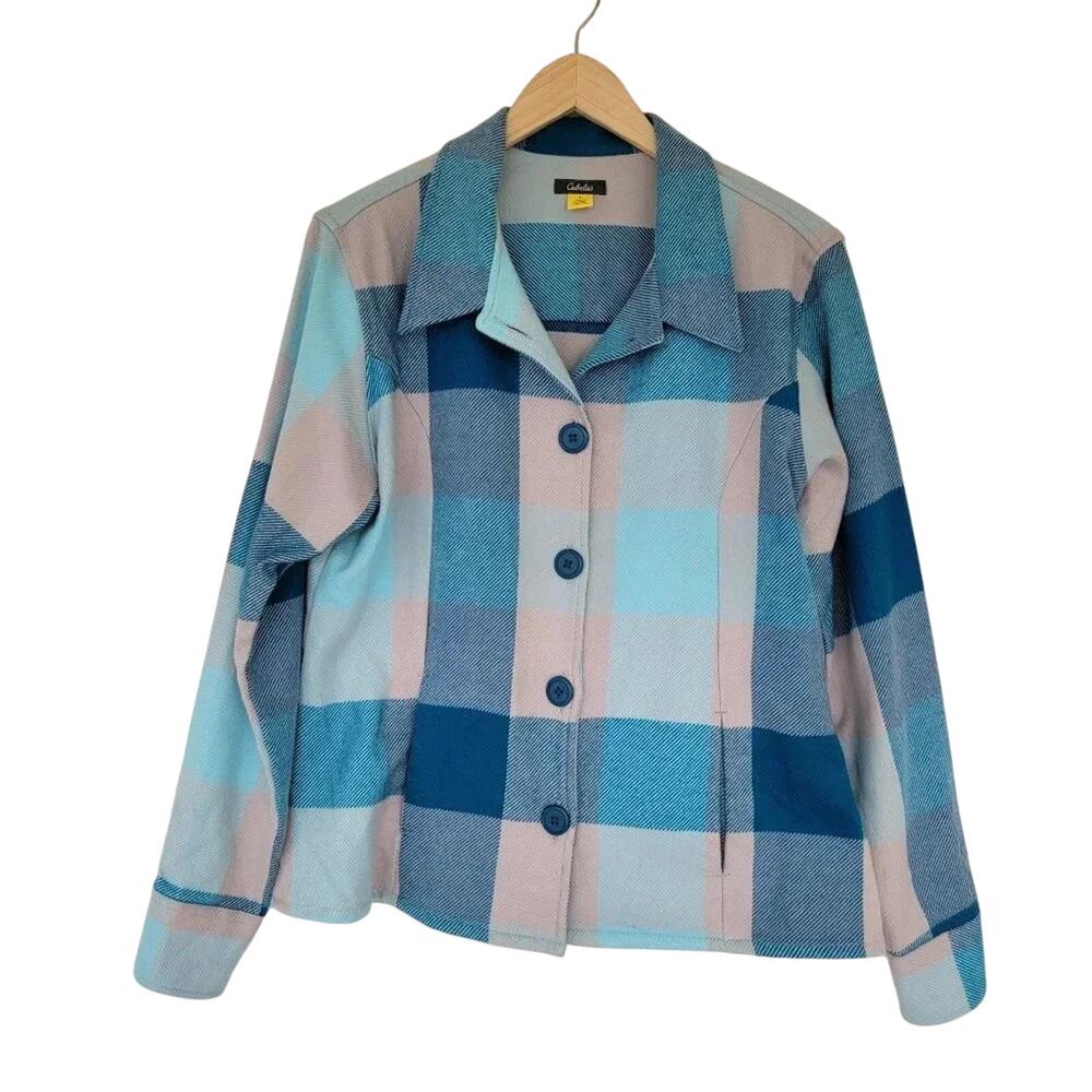 Cabelas Plaid Flannel Shacket Turquoise Gray Women Size L Button Down Cotton